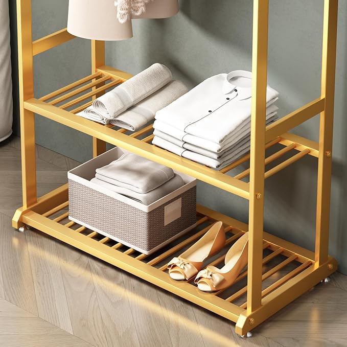 Gold clothing rack,Heavy duty clothes rack with bottom shelves,Small garment rack for hanging clothes,Wardrobe rack,hanging racks for clothes(L:23.6in)