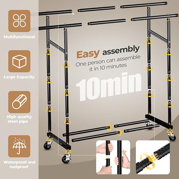 Abiglifty Double Rods Clothes Rack for Hanging Clothes, Clothing Rack with Wheels, Portable Closet Organizer for Laundry, Room, Black