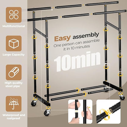 Abiglifty Double Rods Clothes Rack for Hanging Clothes, Clothing Rack with Wheels, Portable Closet Organizer for Laundry, Room, Black
