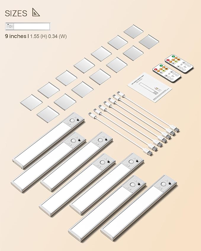 Under Cabinet Lighting with Remote Control, USB Rechargeable LED Motion Sensor Light Indoor, Magnetic Wireless Under Counter Light,3 Color Dimmable Closet Lights for Kitchen, Wardrobe, Hallway, 7 Pack