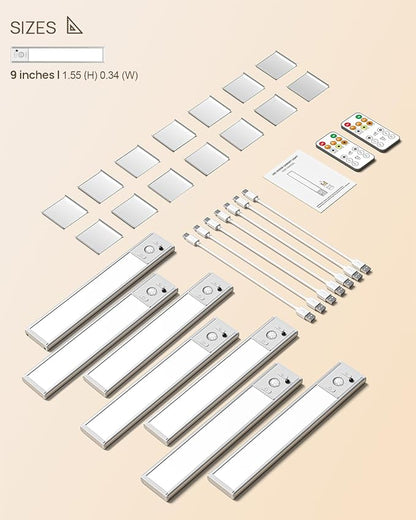 Under Cabinet Lighting with Remote Control, USB Rechargeable LED Motion Sensor Light Indoor, Magnetic Wireless Under Counter Light,3 Color Dimmable Closet Lights for Kitchen, Wardrobe, Hallway, 7 Pack