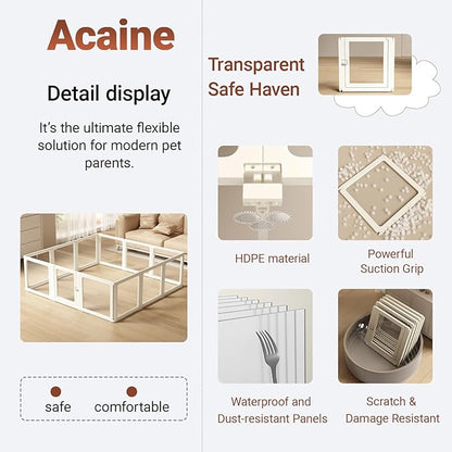 Transparent 12-Panel Dog Playpen, Acrylic Indoor/Outdoor Puppy Pen for Small & Medium Dogs, 24 Inch with Door, White(Fully Transparent 74 * 74 Single Room,24 inch)
