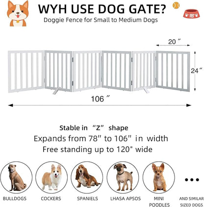 Foldable Indoor Dog Gate for The House Freestanding Stairs Nature Wooden White Pet Gate for Doorway Puppy Gate for Dogs Expandable Dog Fence for Stairs or Hallways 24"" Height 6 Panels