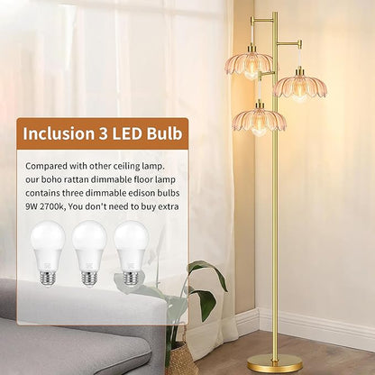 Gold Floor Lamps for Living Room 3 Lights Floor Lamp with Glass Lampshape & Three Led Bulb,Mid Century Standing Lamp Vintage Brass Tall Lamp Tree Floor Lamp for Bedroom Corner