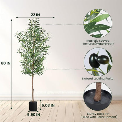 Fake Olive Tree, 5FT 2Pack Tall Plants Olive Trees 60in Silk Plant with Trunk and Realistic 536 Leaves and 20 Fruits for Modern Office Home Decor Indoor