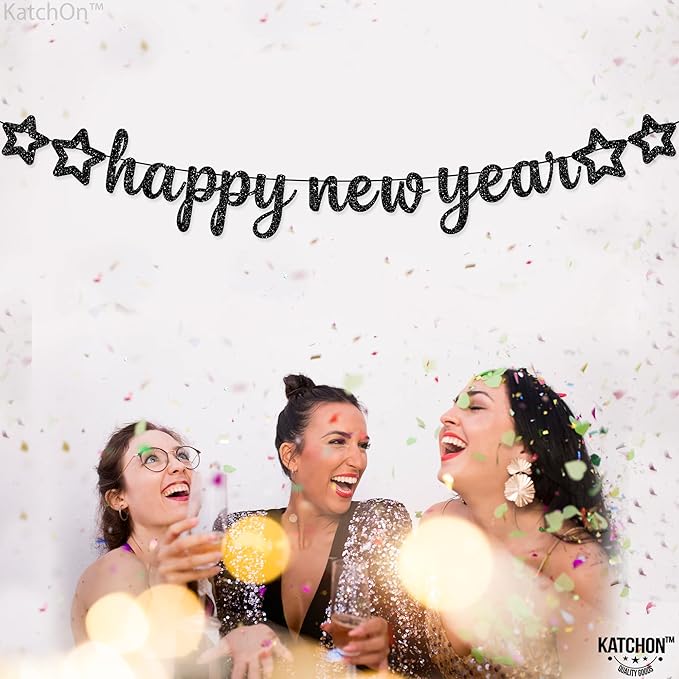 KatchOn, Glitter Happy New Year Banner Black - 10 Feet, No DIY | Black Happy New Year Sign | New Years Eve Party Supplies 2026 | New Years Banner, NYE Decorations 2026