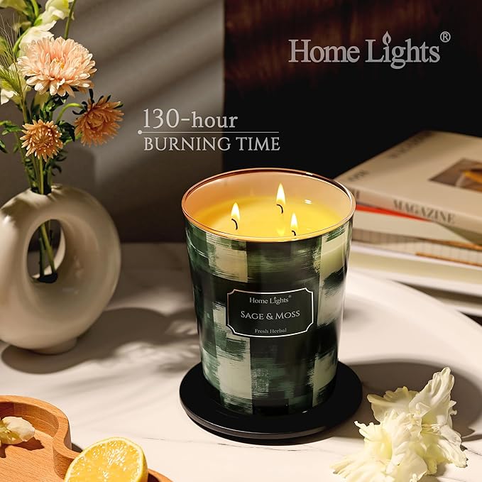 HomeLights Scented Candles | Large Jar 34 Oz Natural Soy Candle | 130 hrs Long-Lasting with 3 Wicks | Scandinavian Minimalist Design Home Decor | Gifts for Mom & Women, Sage & Moss
