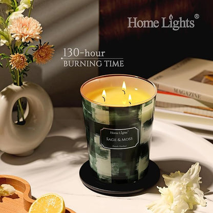 HomeLights Scented Candles | Large Jar 34 Oz Natural Soy Candle | 130 hrs Long-Lasting with 3 Wicks | Scandinavian Minimalist Design Home Decor | Gifts for Mom & Women, Sage & Moss