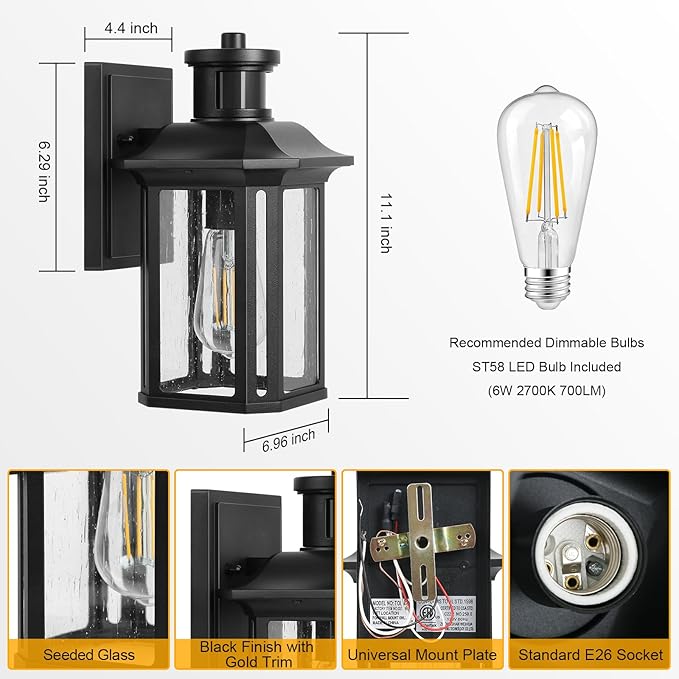 2 Pack Motion Sensor Outdoor Wall Lights, Dusk to Dawn Porch Lights with 3 Adjustable Lighting Modes, Waterproof Exterior Light Fixture Wall Mount, Black Outside Lights for House, Garage, ETL Listed