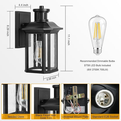 2 Pack Motion Sensor Outdoor Wall Lights, Dusk to Dawn Porch Lights with 3 Adjustable Lighting Modes, Waterproof Exterior Light Fixture Wall Mount, Black Outside Lights for House, Garage, ETL Listed
