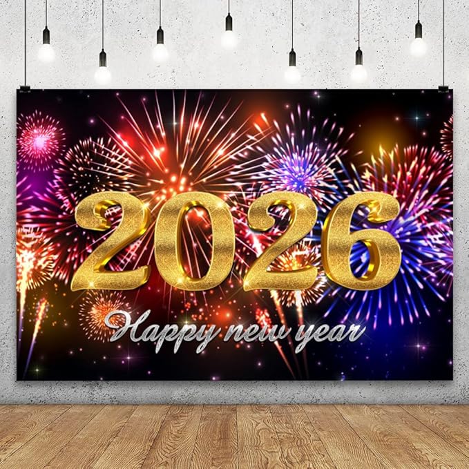 YongFoto 2026 Happy New Year Backdrop 7x5ft Glorious Night Sky Fireworks Photography Background Christmas Night Festival Carnival Family Party Banquet Decor Banner Photoshoot Wallpaper Photo Booth