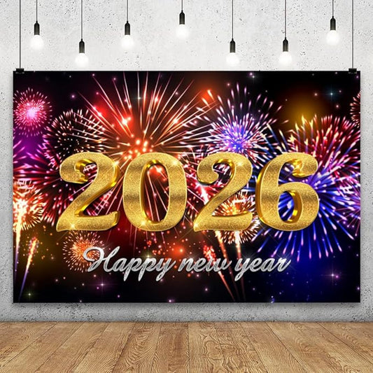 YongFoto 2026 Happy New Year Backdrop 5x3ft Glorious Night Sky Fireworks Photography Background Christmas Night Festival Carnival Family Party Banquet Decor Banner Photoshoot Wallpaper Photo Booth