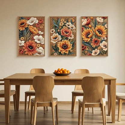 Large Boho Flower Botanical Framed Canvas Wall Art,Abstract Floral Wall Decor,Embroidery Plant Wall Painting,Bloom Wildflower Artwork for Living Room,Bedroom,Dining Room,Office -16"x24"x3