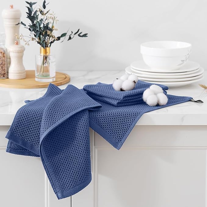 Kitinjoy 100% Cotton Kitchen Towels and Dishcloths Set, 12 Pack Waffle Weave Dish Towels Ultra Soft Absorbent Quick Drying Dish Rags, 13 x 28 Inch and 12 X 12 Inch, Navy Blue