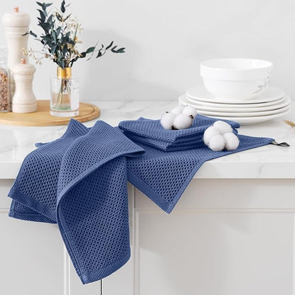 Kitinjoy 100% Cotton Kitchen Towels and Dishcloths Set, 12 Pack Waffle Weave Dish Towels Ultra Soft Absorbent Quick Drying Dish Rags, 13 x 28 Inch and 12 X 12 Inch, Navy Blue