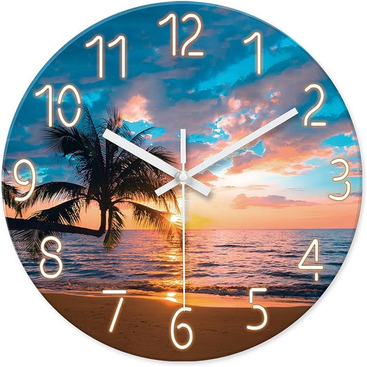 XFM Blue Nautical Beach Wall Clocks Battery Operated Palm Tree Wall Clocks for Living Room 12 Inch Round Glass Silent Wall Clock Non Ticking Sunset Clock