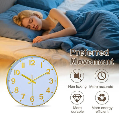Modern Wall Clock, 10 Inch Digital Wall Clocks Battery Operated, Round Non Ticking Silent Analog Clock for Bedroom Living Room Kitchen Office Gym Classroom Decor, Gold Battery Clock
