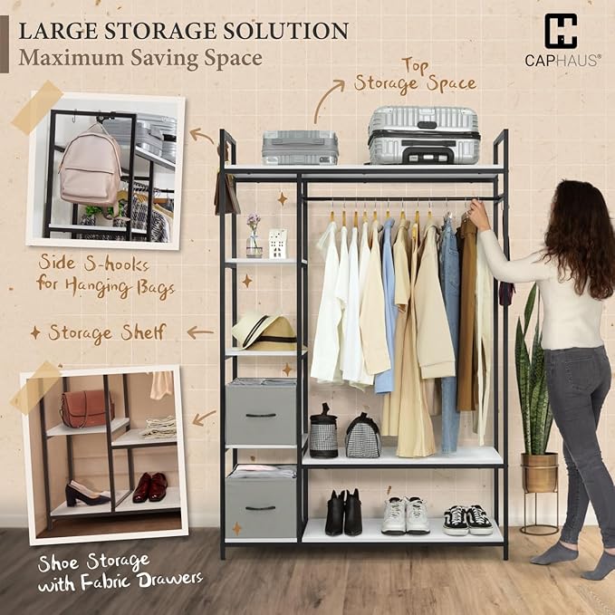 CAPHAUS 979lbs Capacity Heavy Duty Clothing Rack 48" W Metal Garment Rack with Drawers Hanging Rods and Wood Shelves Freestanding Closet Organizer, Black Board