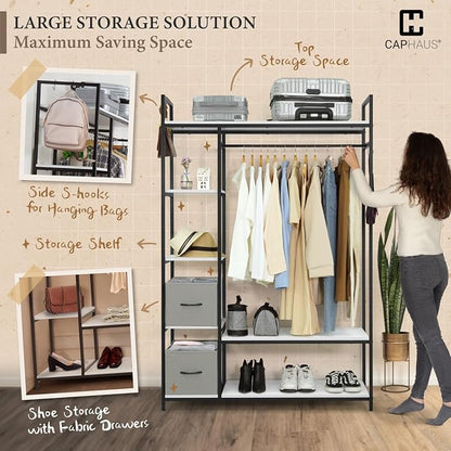 CAPHAUS 979lbs Capacity Heavy Duty Clothing Rack 48" W Metal Garment Rack with Drawers Hanging Rods and Wood Shelves Freestanding Closet Organizer, Black Board