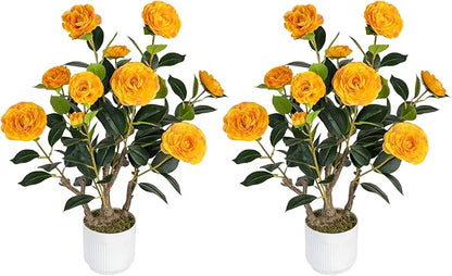 2 Pack Artificial Camellia Tree with White Pot, 24" Faux Potted Plants for Indoor Outdoor Decor, Tall Silk Greenery Plant for Home Office Living Room Balcony, Orange
