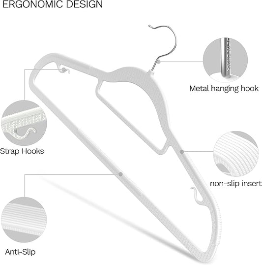 40 Pack Heavy Duty Non-Slip Plastic Hangers - Slim Space Saving w/ 360° Hook for Wet/Dry Clothes, Retail Store Display & Home Organization - White