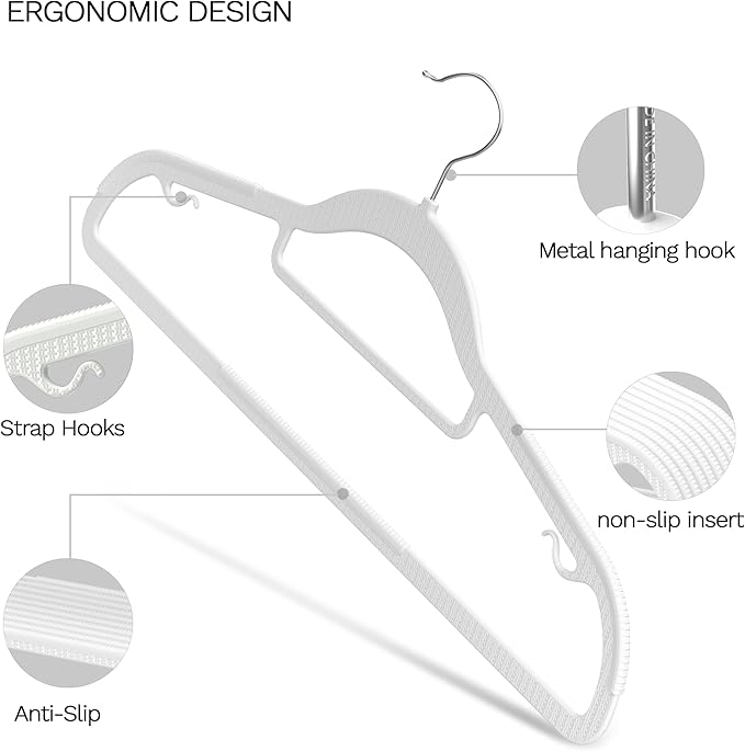 60 Pack Heavy Duty Non-Slip Plastic Hangers - Slim Space Saving w/ 360° Hook for Wet/Dry Clothes, Retail Store Display & Home Organization - White