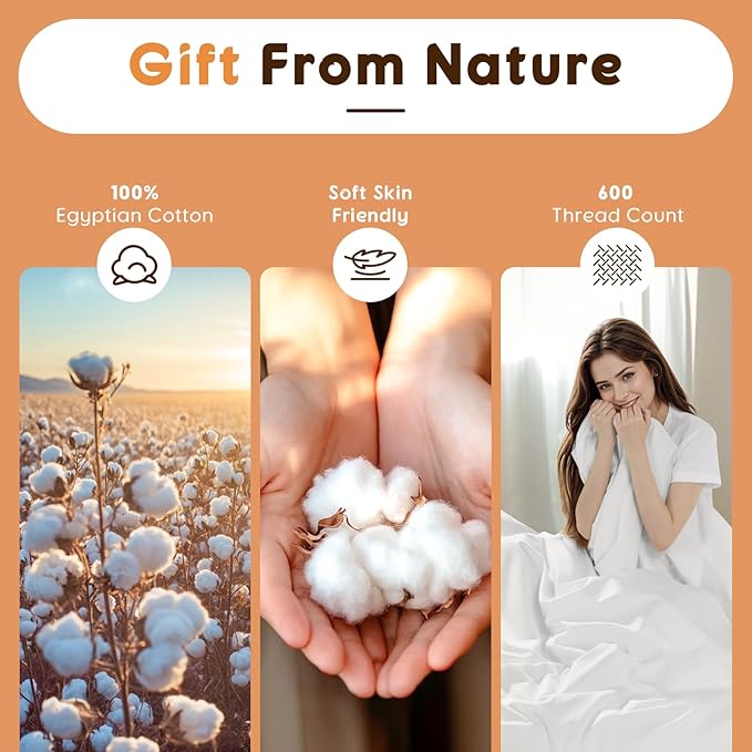 LBRO2M 100% Cotton Sheets Set King Size 600 Thread Count Sheet 4 Piece Sets Bed Sheet Deep Pocket Up to 16" Soft Comfortable All Season (King, White)