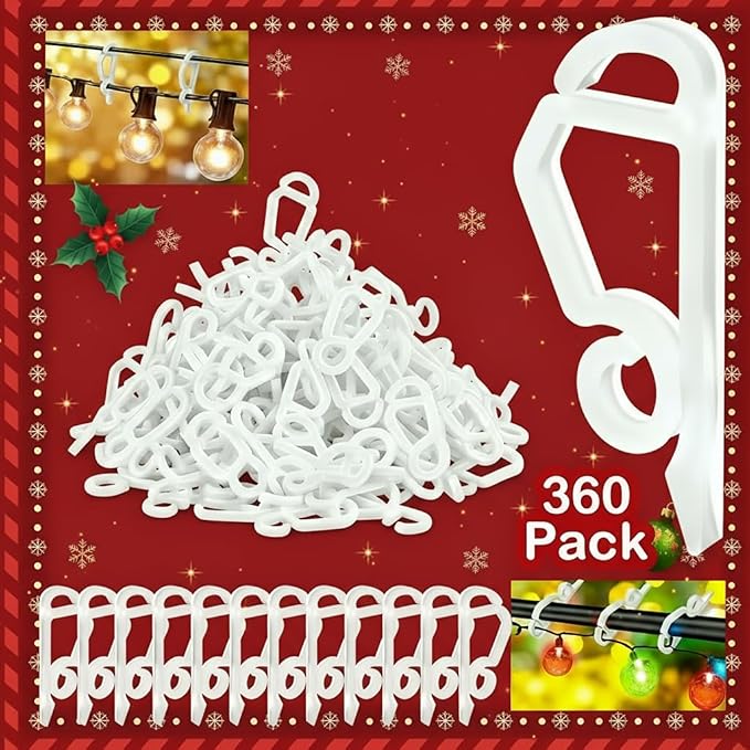 Geegoods Christmas Light Clip,Plastic Gutter Hooks Outdoor,Weatherproof Holiday Hanging Clips,Mini Light Hooks for Outside String Lights Christmas Decoration(360pcs)