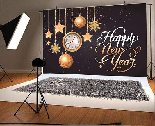 Leyiyi 5x4ft Happy New Year Backdrop Clock Vintage Eve Party Bokeh Halo Banner Snowflake Glitter Sequin Luxury Star Photo Background Merry Christmas Portrait Shoot Vinyl Studio Prop