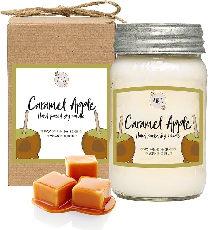 Aira Fall Soy Candles - Organic, Kosher, Vegan, Mason Jar Candle w/Aromatherapy Essential Oil Blends - Hand-Poured 100% Soy Candle Wax - Paraffin Free, Burns 110+ Hours - Caramel Apple - 16 Ounces