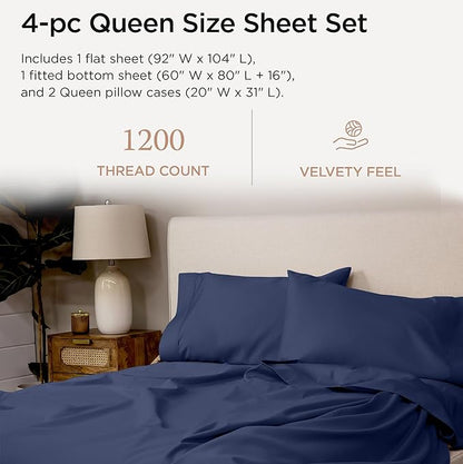 Threadmill Supima Cotton Sheets Queen, 1200 Thread Count Queen Sheets for Queen Mattresses, 4 Piece Luxury Bed Sheets, Sateen Weave Hotel Quality Sheets with Elasticized Deep Pocket, Folkstone Blue