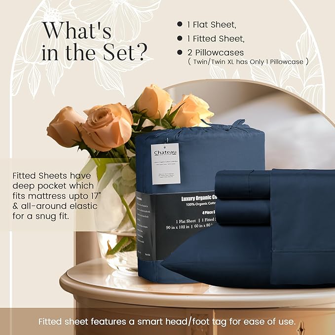 100% Organic Cotton Sheets For King Size Bed, 300 Thread Count Deep Pocket King Sheet Set, Elasticated Sheet & Pillowcase Sets, No Pill & Shrink, Soft & Comfy Naturally Cool & Breathable- Navy