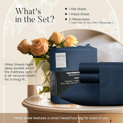 100% Organic Cotton Sheets For King Size Bed, 300 Thread Count Deep Pocket King Sheet Set, Elasticated Sheet & Pillowcase Sets, No Pill & Shrink, Soft & Comfy Naturally Cool & Breathable- Navy