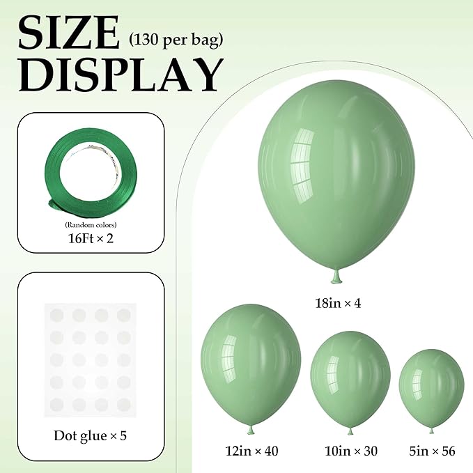 130PCS SageGreen Balloons, Latex Balloon Different Sizes 18/12/10/5 Inch, Helium Balloons with Ribbon, Party Balloon Set for Birthday Wedding Graduation Anniversary Baby Shower Decoration