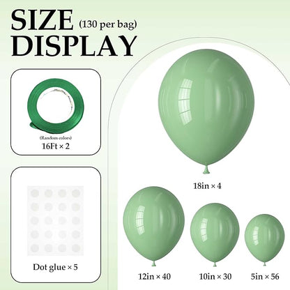 130PCS SageGreen Balloons, Latex Balloon Different Sizes 18/12/10/5 Inch, Helium Balloons with Ribbon, Party Balloon Set for Birthday Wedding Graduation Anniversary Baby Shower Decoration