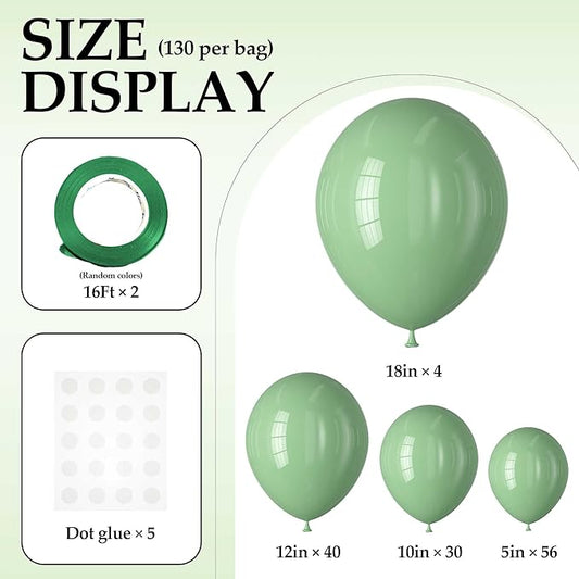 130PCS SageGreen Balloons, Latex Balloon Different Sizes 18/12/10/5 Inch, Helium Balloons with Ribbon, Party Balloon Set for Birthday Wedding Graduation Anniversary Baby Shower Decoration