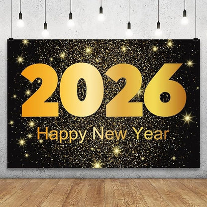YongFoto 2026 Happy New Year Backdrop 5x3ft Gold Photography Background Merry Christmas Night Festival Carnival Family Celebration Party Banquet Decor Banner Photoshoot Wallpaper Photo Booth