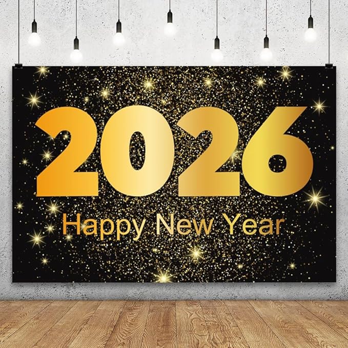 YongFoto 2026 Happy New Year Backdrop 6x4ft Gold Photography Background Merry Christmas Night Festival Carnival Family Celebration Party Banquet Decor Banner Photoshoot Wallpaper Photo Booth