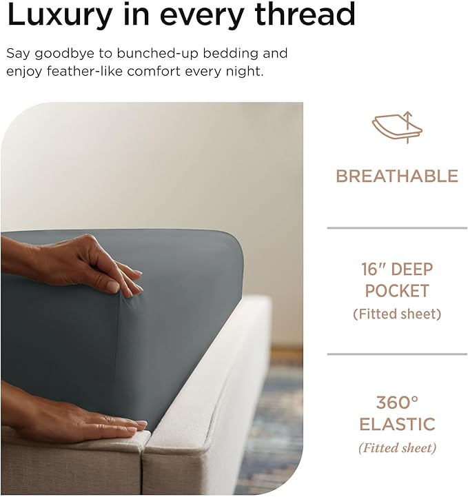 Threadmill 100% Cotton Sheets for King Size Bed - 600 Thread Count King Bed Sheets Set with 16” Deep Pocket - Sateen Weave 4-Piece Bedding Set with Cooling Effect, Dark Grey