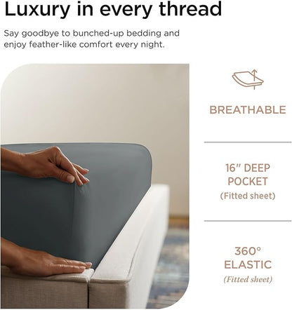 Threadmill 100% Cotton Sheets for King Size Bed - 600 Thread Count King Bed Sheets Set with 16” Deep Pocket - Sateen Weave 4-Piece Bedding Set with Cooling Effect, Dark Grey