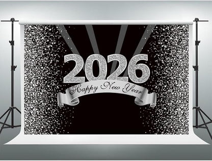 YongFoto 2026 Happy New Year Backdrop 7x5ft Black Silver Photography Background Merry Christmas Night Festival Carnival Celebration Party Banquet Decor Banner Photoshoot Wallpaper Photo Booth