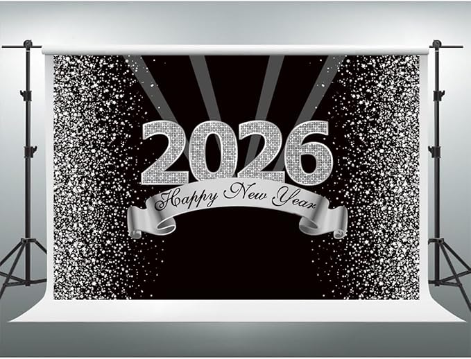 YongFoto 2026 Happy New Year Backdrop 8x6.5ft Black Silver Photography Background Merry Christmas Night Festival Carnival Celebration Party Banquet Decor Banner Photoshoot Wallpaper Photo Booth