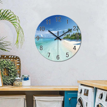 XFM Large Wall Clock Battery Operated Beach Coastal Wall Clocks 20 Inch Silent Non-Ticking Tropical Seascape Glass Wall Clock for Living Room Bedroom Kitchen Decor