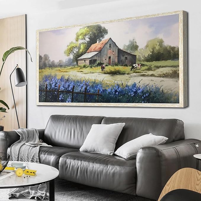 Ardemy Farmhouse Canvas Wall Art Large Framed Vintage Farm Cow Pictures Wall Decor Living Room Village Nature Painting Artwork Wall Art Bedroom Dining Room Home Office, 58"x29"