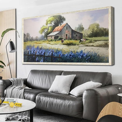 Ardemy Farmhouse Canvas Wall Art Large Framed Vintage Farm Cow Pictures Wall Decor Living Room Village Nature Painting Artwork Wall Art Bedroom Dining Room Home Office, 58"x29"