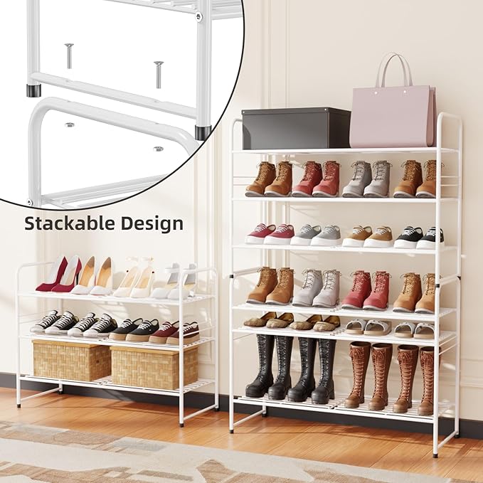 SUFAUY 3-Tier Shoe Rack, Closet Metal 33" Wide Shoe Rack Organizer Heavy Duty, Stackable, White