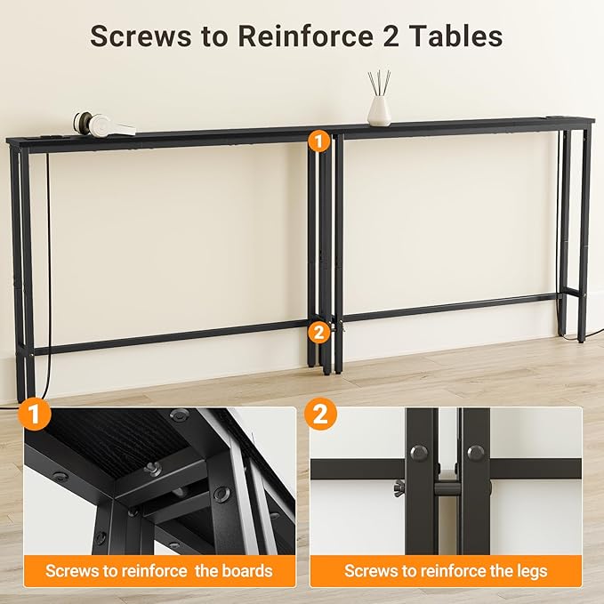 ELYKEN 47.2" Narrow Console Sofa Table with Power Outlet, 5.9'' Behind Couch Table with Charging Station, Long Entryway Tables for Living Room, Hallway, Black