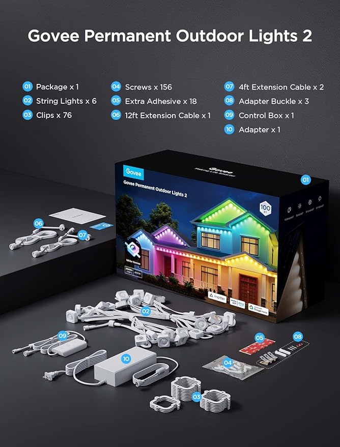 Govee Permanent Outdoor Lights 2, 100ft RGBIC Outdoor Lights with 72 LED Lights, IP67 Waterproof, 100 Scene Modes with 40lm White for Outdoor Decorations, Works with Alexa, Google Assistant, White