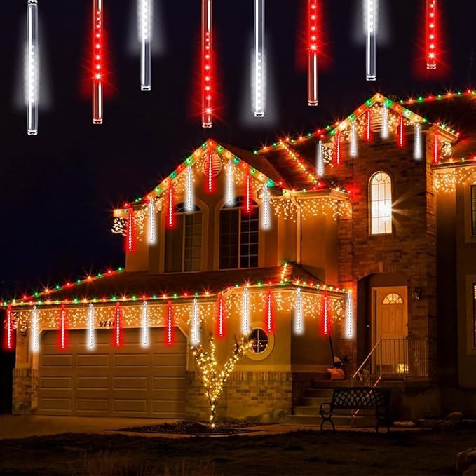 Solar Meteor Shower Lights Outdoor Decorations, Waterproof Christmas Lights Solar Powered, 16 Tubes 384LED Icicle String Light, Snow Cascading Raindrop Light for Tree Party Garden Decor(Red and White)
