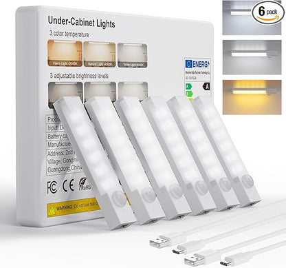 Under Cabinet Lighting 4 Inches Rechargeable Motion Sensor Light Indoor, 3 Color Dimmable Closet Light Battery Operated, USB Stick on LED Magnetic Under Counter Lights for Kitchen Stair, 6 Packs